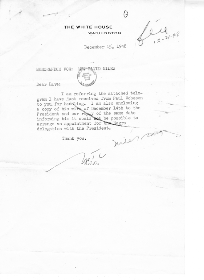 Matthew J. Connelly to David K. Niles, With Attachments