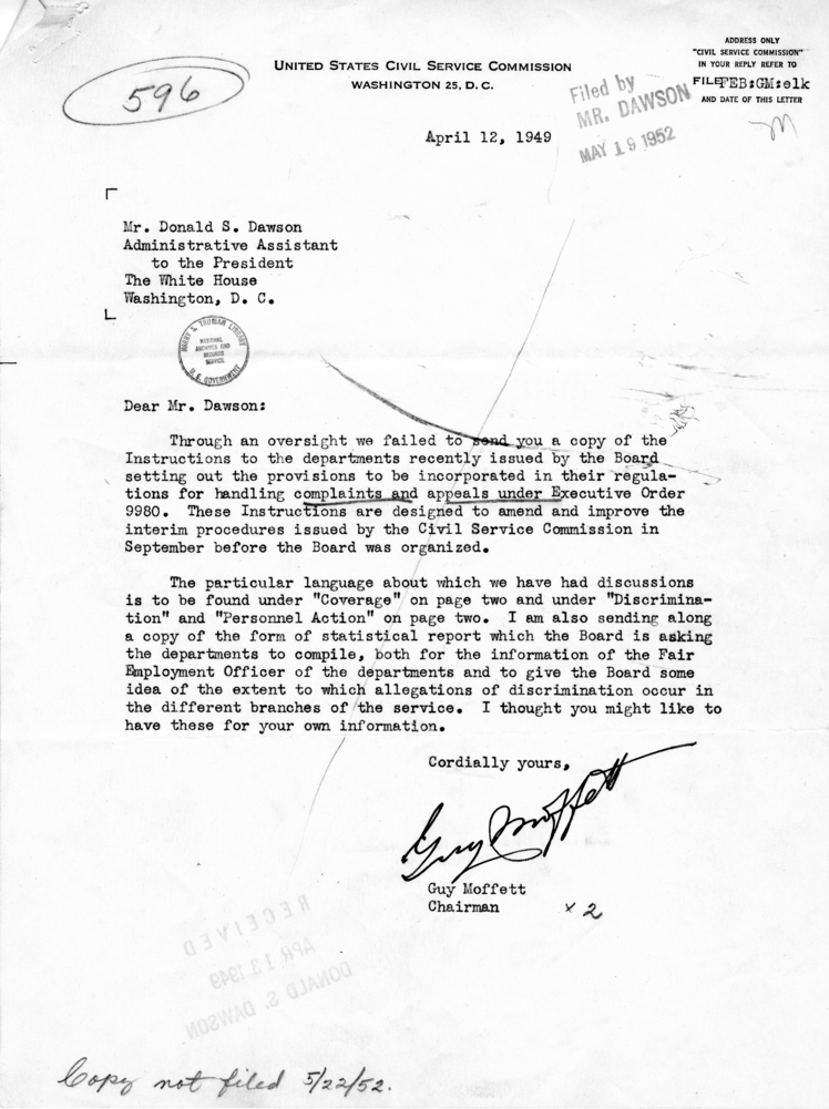 Guy Moffett to Donald S. Dawson, With Attached Material