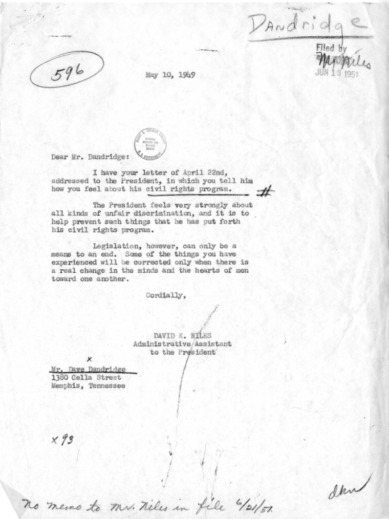 Dave Dandridge to Harry S. Truman, With a Reply From David K. Niles