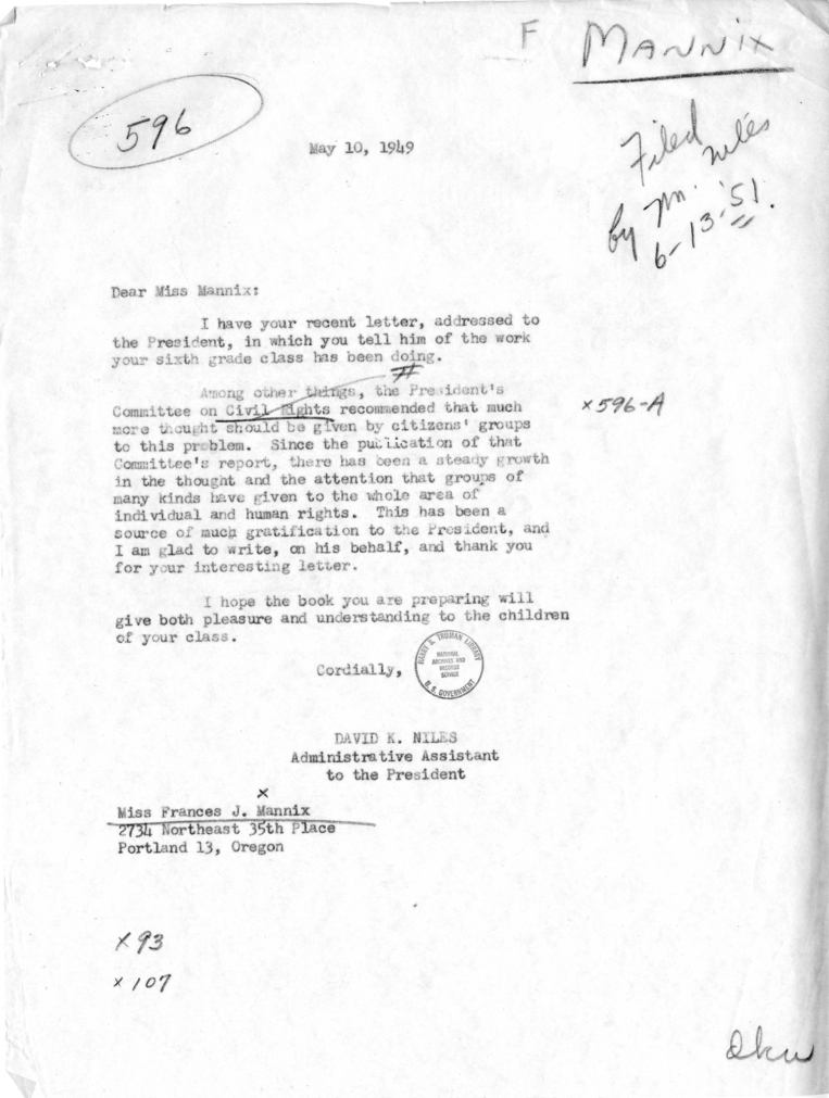 Frances J. Mannix to Harry S. Truman, With a Reply From David K. Niles