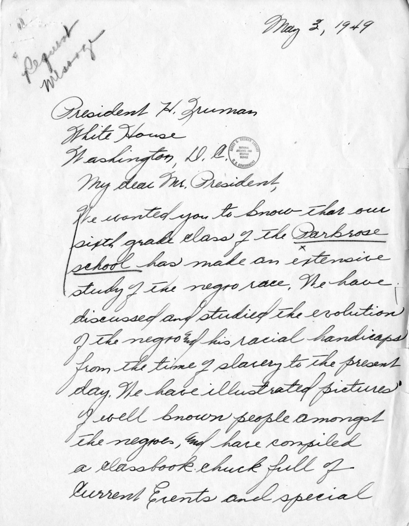 Frances J. Mannix to Harry S. Truman, With a Reply From David K. Niles