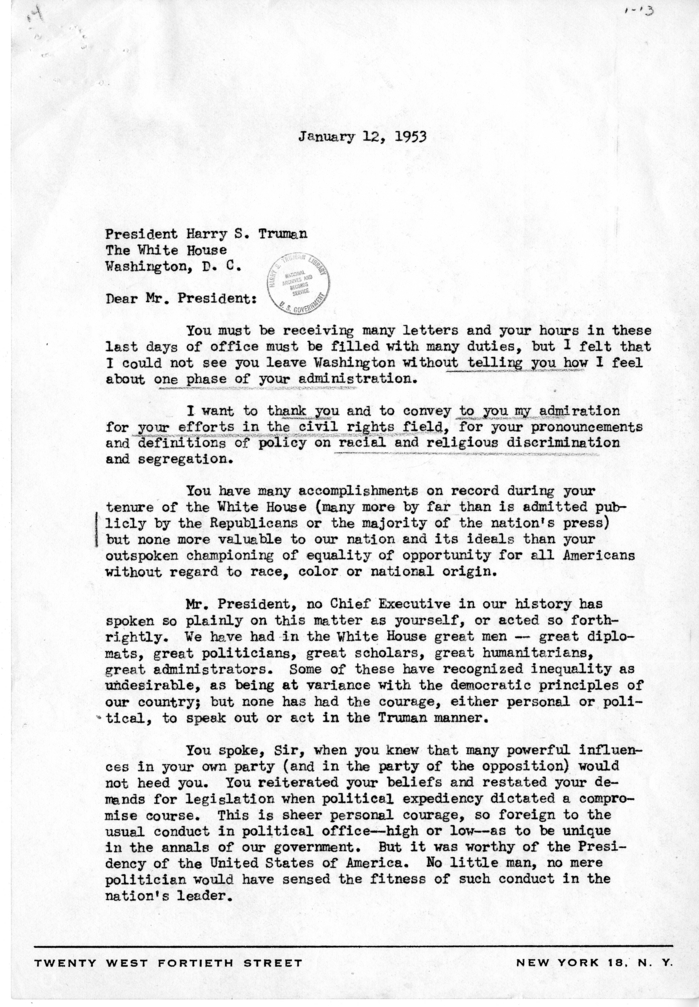 Correspondence Between Harry S. Truman and Roy Wilkins