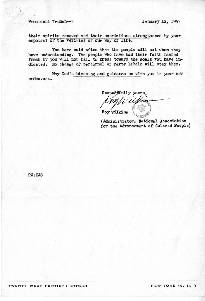 Correspondence Between Harry S. Truman and Roy Wilkins