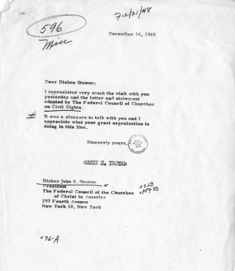 Correspondence Between John S. Stamm and Harry S. Truman