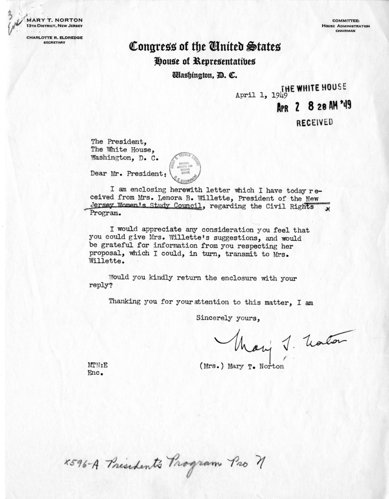 Harry S. Truman to Mary T. Norton With Related Correspondence