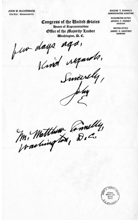 John W. McCormack to Matthew J. Connelly