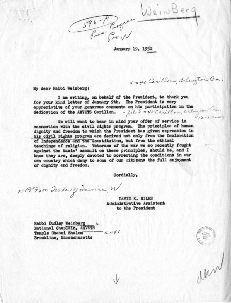 Dudley Weinberg to Harry S. Truman, With Reply From David Niles