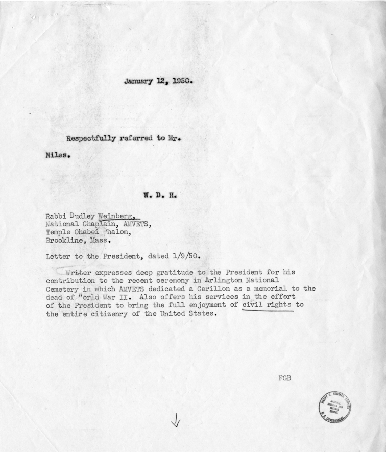 Dudley Weinberg to Harry S. Truman, With Reply From David Niles