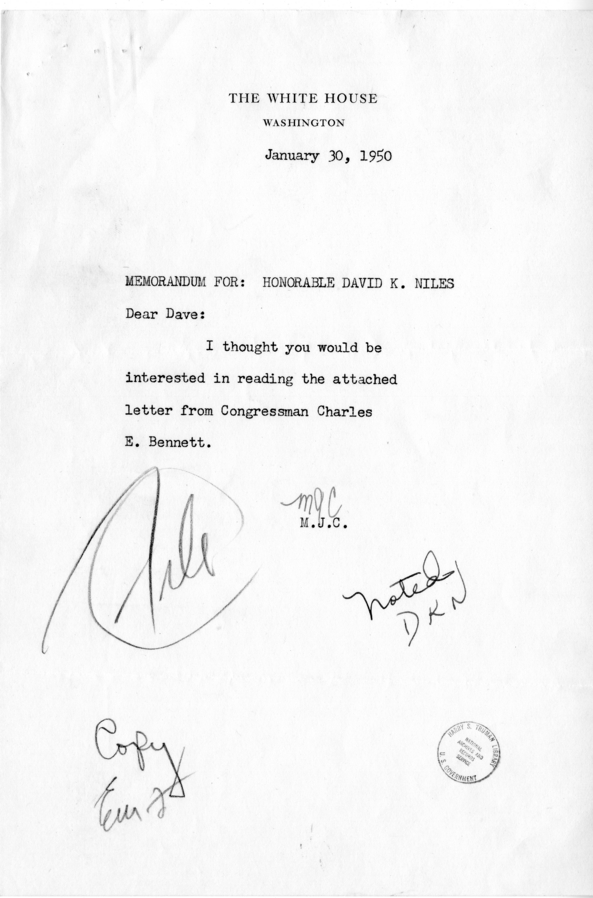 Matthew J. Connelly to David K. Niles, With Attached Letter from Charles E. Bennett to Harry S. Truman