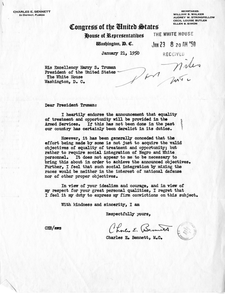 Matthew J. Connelly to David K. Niles, With Attached Letter from Charles E. Bennett to Harry S. Truman