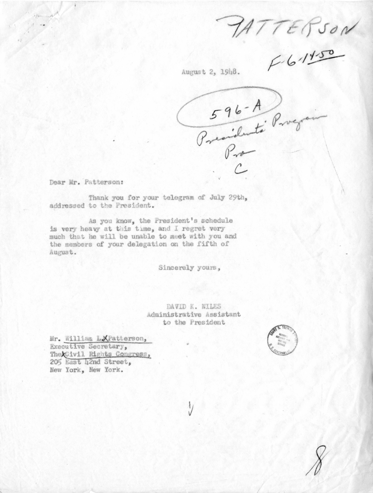 David K. Niles to William L. Patterson, With Related Material