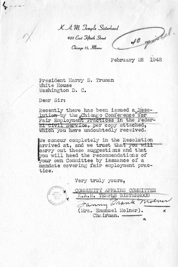 Fanny Molner, Community Affairs Committee, K.A.M. Temple Sisterhood to Harry S. Truman, With Attachment