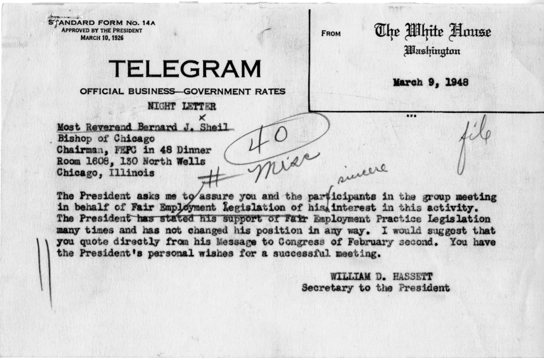 Telegram, William D. Hassett to Bernard J. Sheil With Related Material