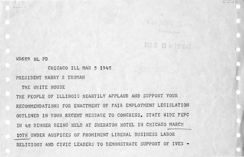 Telegram, William D. Hassett to Bernard J. Sheil With Related Material