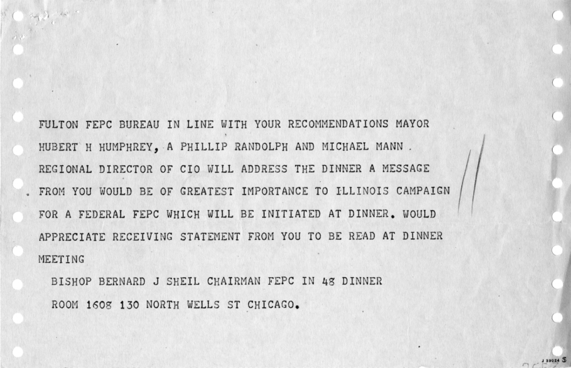 Telegram, William D. Hassett to Bernard J. Sheil With Related Material