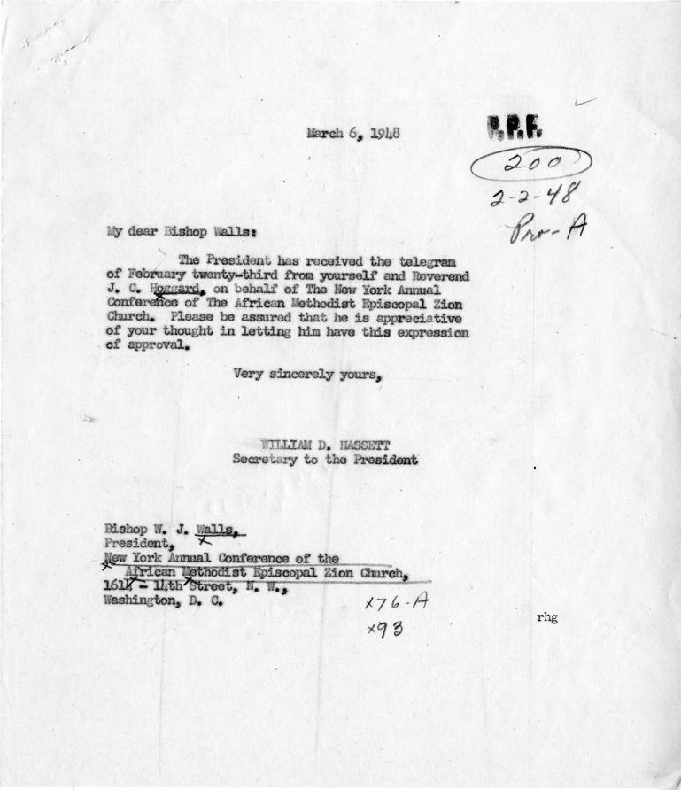 W. J. Walls to Harry S. Truman, With a Reply From William D. Hassett