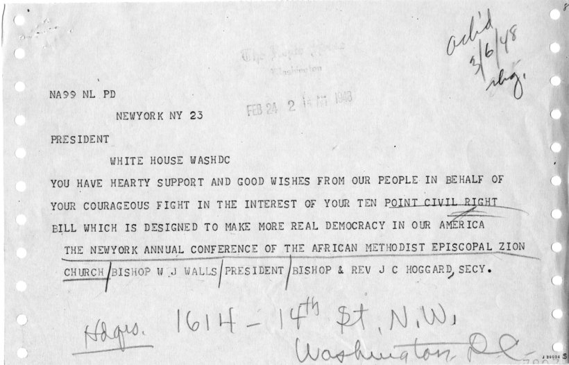 W. J. Walls to Harry S. Truman, With a Reply From William D. Hassett