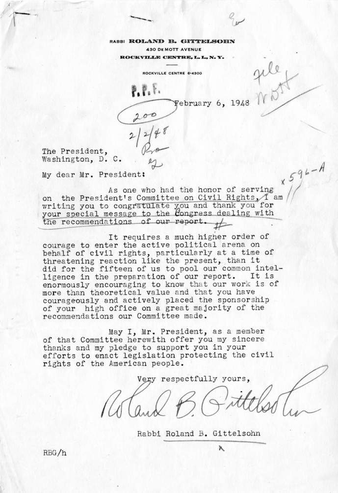Roland B. Gittelsohn to Harry S. Truman