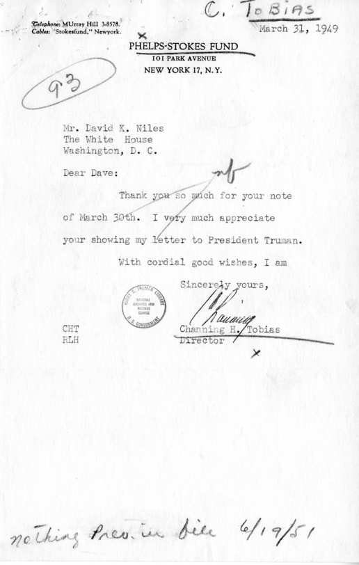 Channing H. Tobias to David K. Niles With Related Material