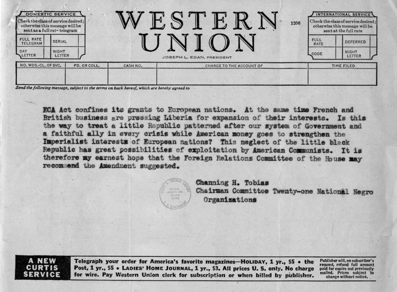 Channing H. Tobias to David K. Niles With Related Material