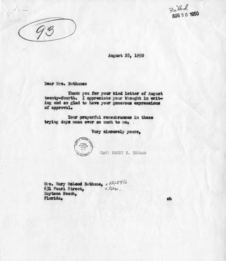 Correspondence Between Harry S. Truman and Mary McLeod Bethune