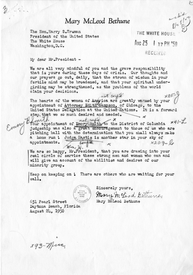 Correspondence Between Harry S. Truman and Mary McLeod Bethune