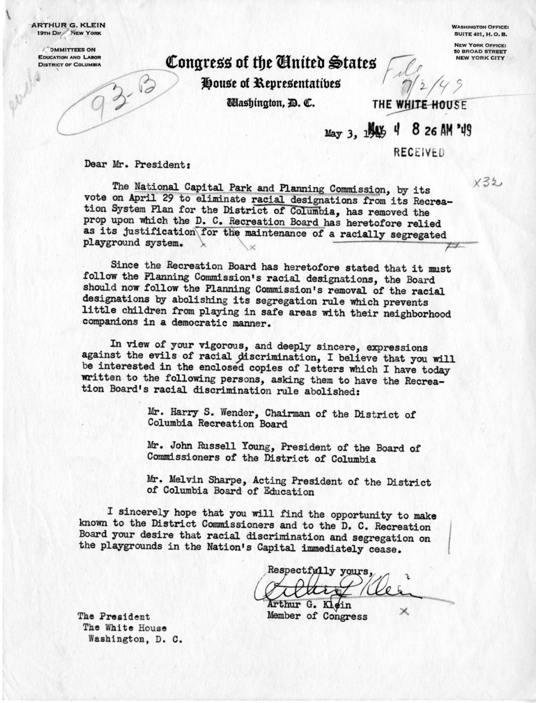 Arthur G. Klein to Harry S. Truman, With Attachments