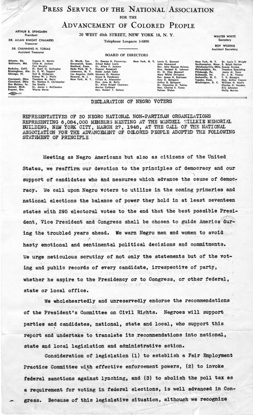 &ldquo;Declaration of Negro Voters,&rdquo; National Association for the Advancement of Colored People