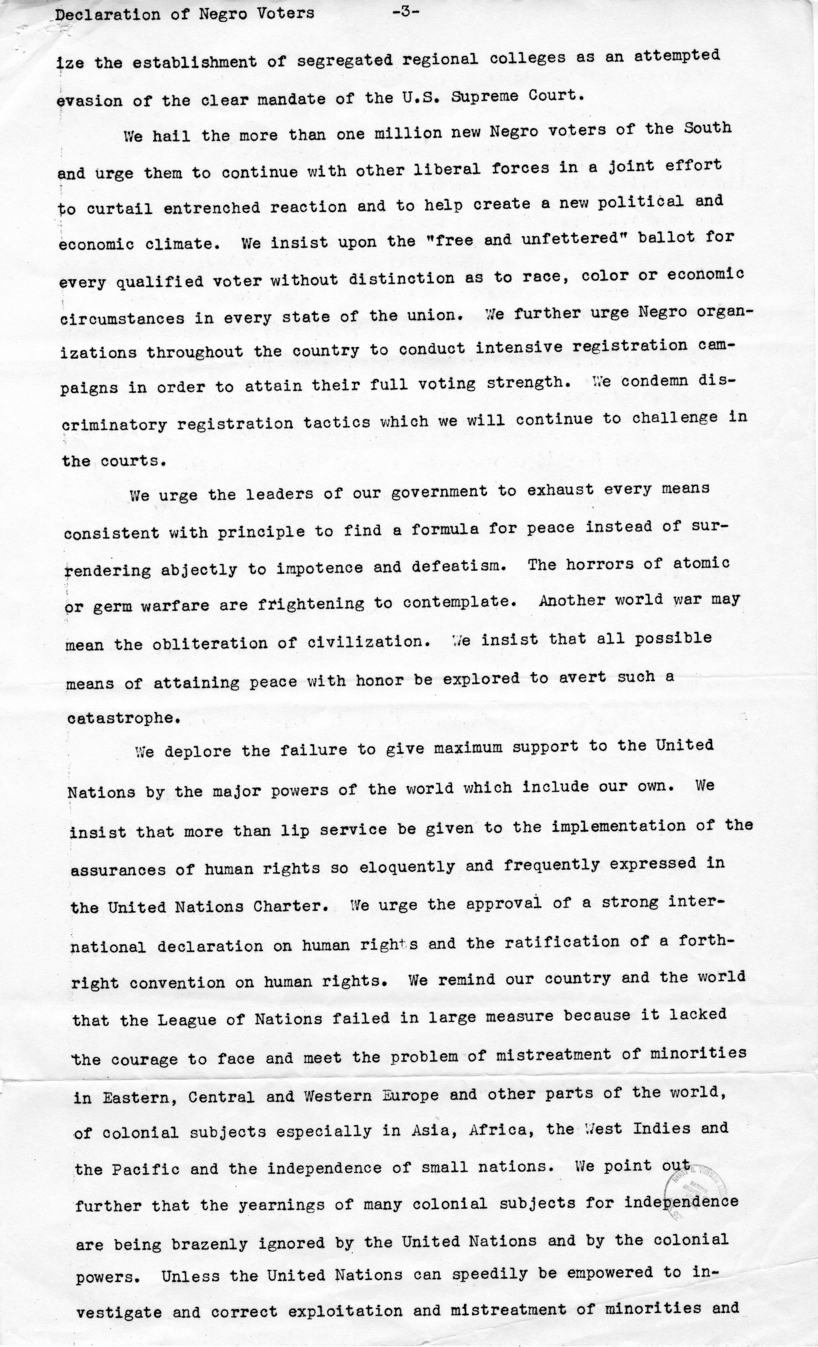 &ldquo;Declaration of Negro Voters,&rdquo; National Association for the Advancement of Colored People