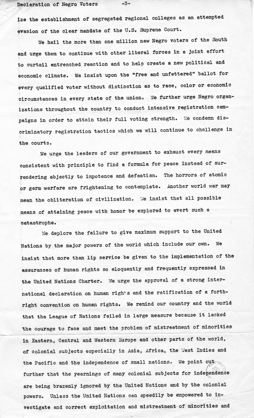 &ldquo;Declaration of Negro Voters,&rdquo; National Association for the Advancement of Colored People