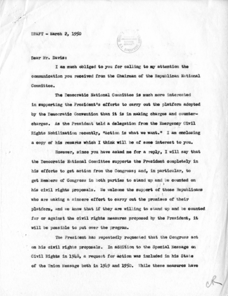 Draft Letter, William H. Boyle, Jr. to Henry Davis