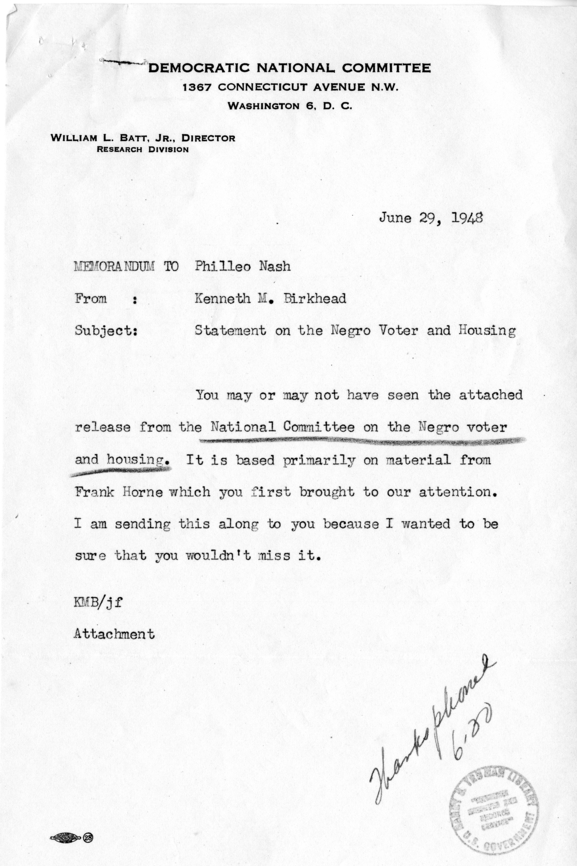 Kenneth M. Birkhead to Philleo Nash with Attached Material