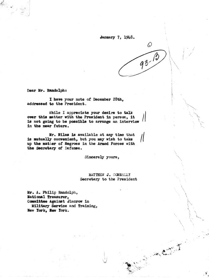 A. Philip Randolph to Harry S. Truman, with attached White House memos