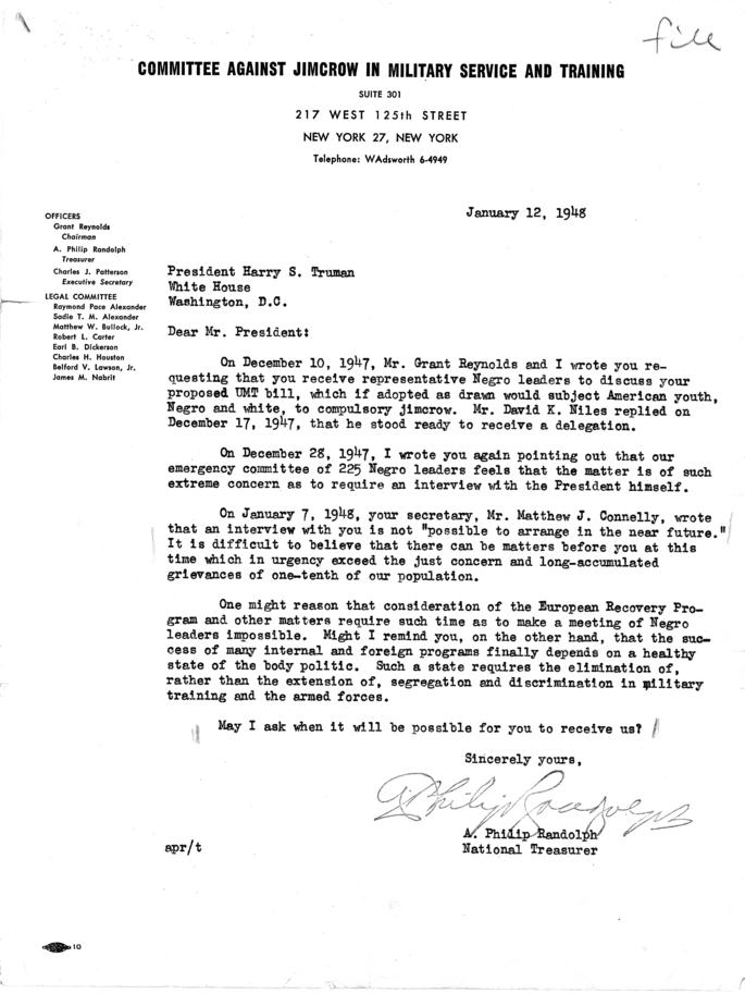 A. Philip Randolph to Harry S. Truman, with attached White House memos