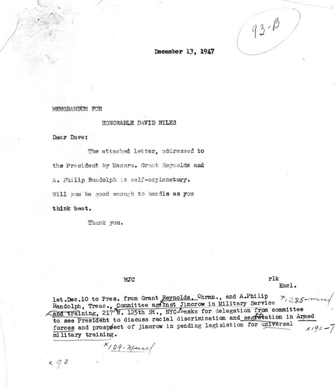 A. Philip Randolph to Harry S. Truman, with attached White House memos