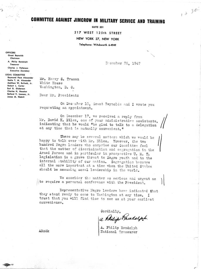 A. Philip Randolph to Harry S. Truman, with attached White House memos