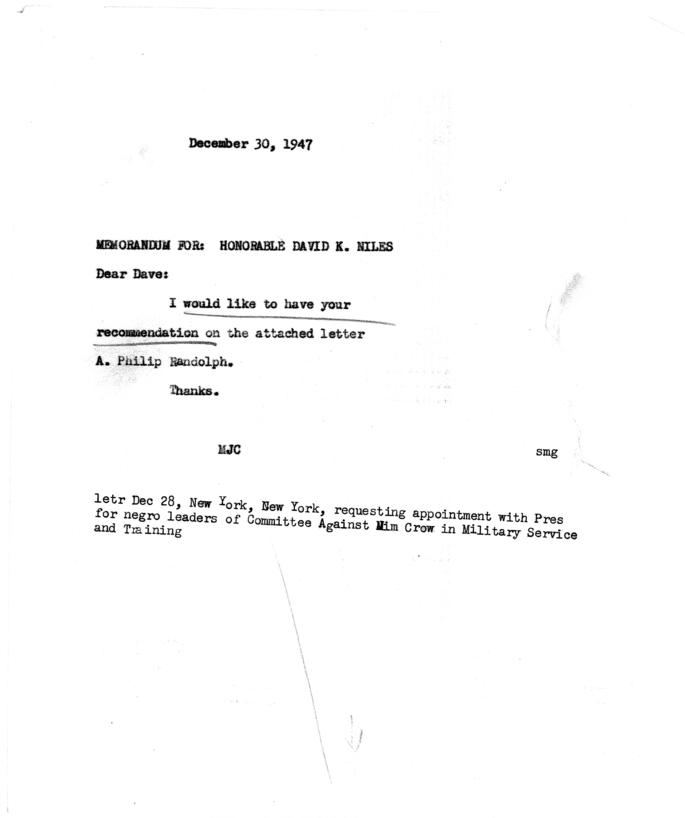 A. Philip Randolph to Harry S. Truman, with attached White House memos