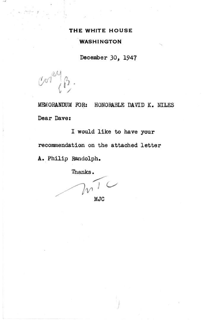 A. Philip Randolph to Harry S. Truman, with attached White House memos