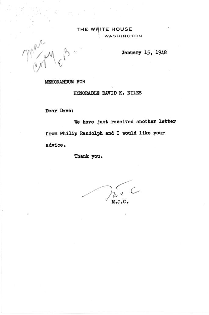 A. Philip Randolph to Harry S. Truman, with attached White House memos