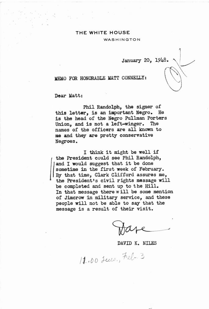 A. Philip Randolph to Harry S. Truman, with attached White House memos