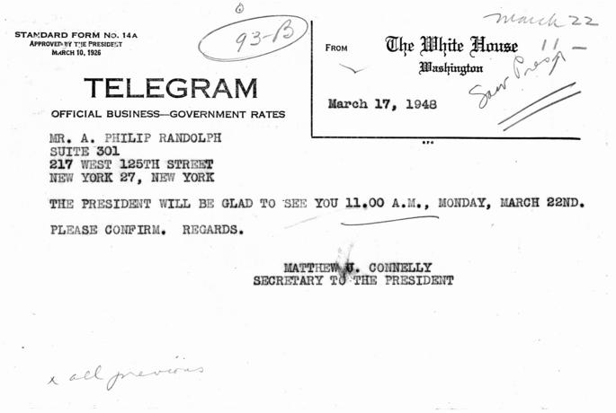 A. Philip Randolph to Harry S. Truman, with attached White House memos