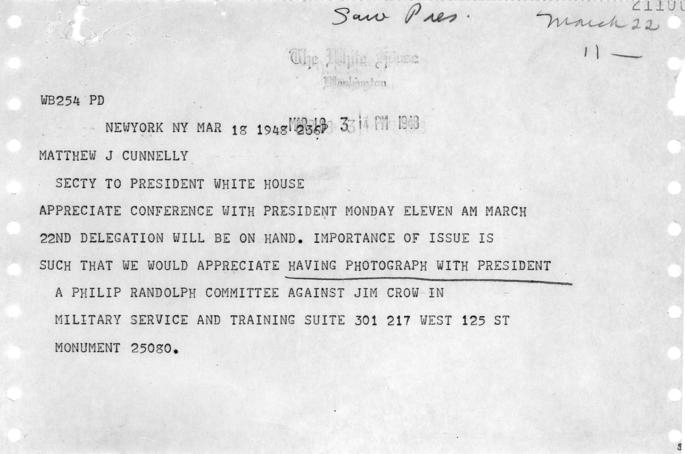 A. Philip Randolph to Harry S. Truman, with attached White House memos