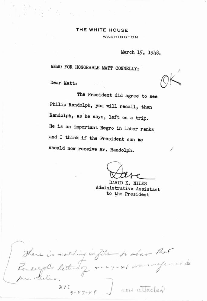 A. Philip Randolph to Harry S. Truman, with attached White House memos