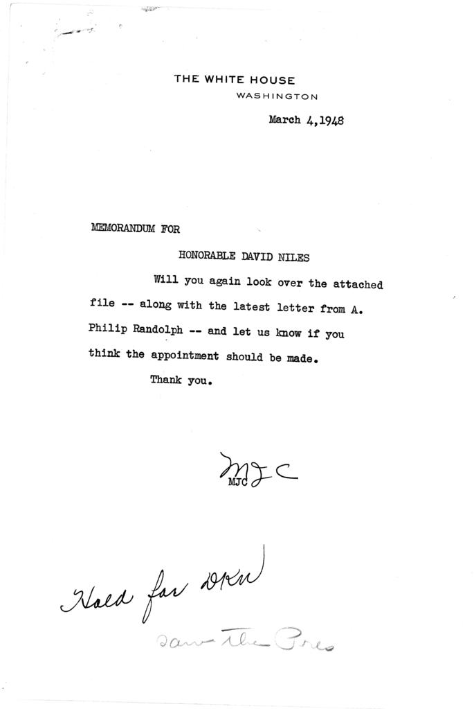 A. Philip Randolph to Harry S. Truman, with attached White House memos