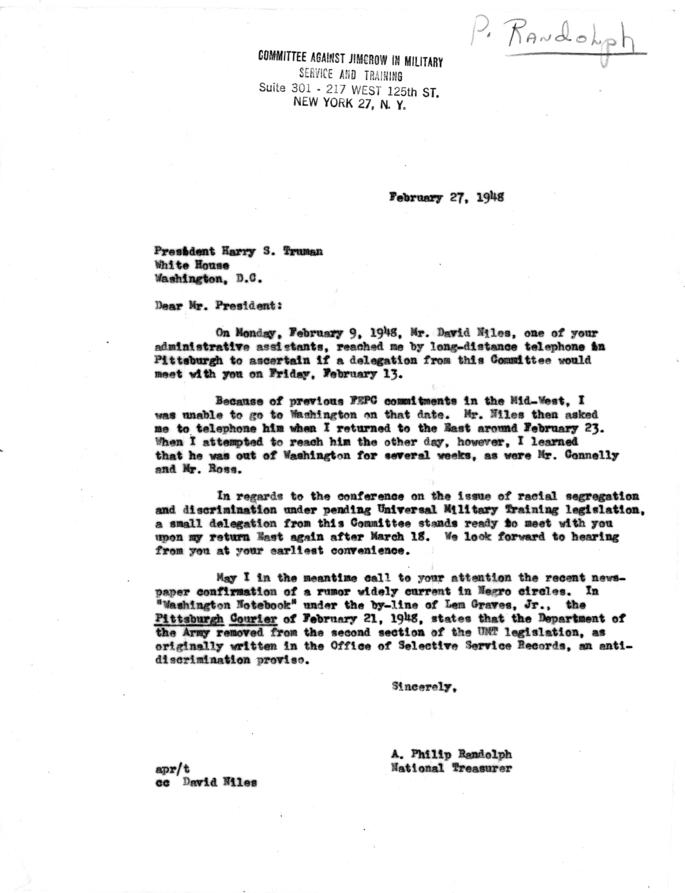 A. Philip Randolph to Harry S. Truman, with attached White House memos