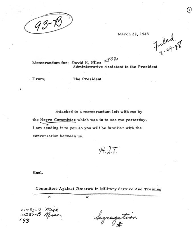 Correspondence between David Niles, Harry S. Truman, and A. Philip Randolph