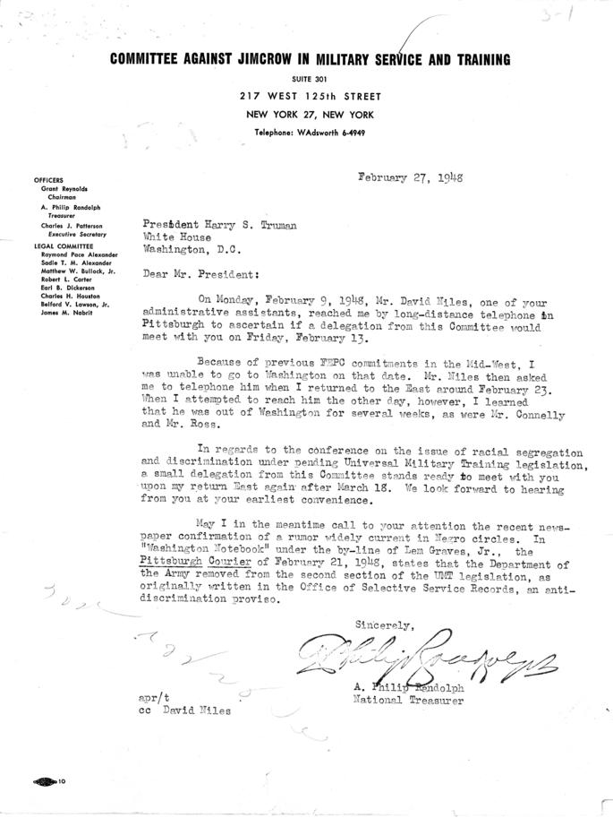 Correspondence between David Niles, Harry S. Truman, and A. Philip Randolph