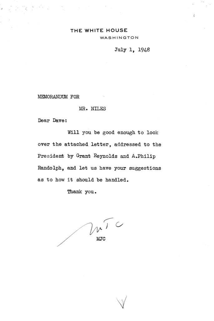 A. Philip Randolph to Harry S. Truman, with attached White House memos