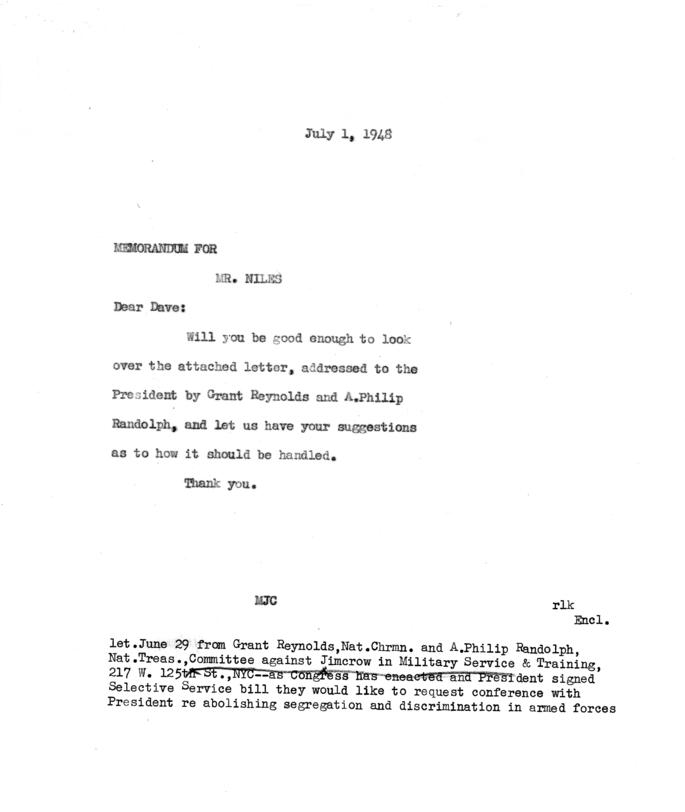 A. Philip Randolph to Harry S. Truman, with attached White House memos