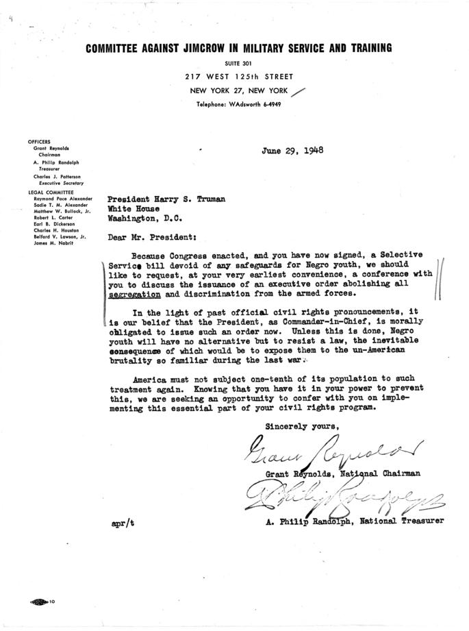 A. Philip Randolph to Harry S. Truman, with attached White House memos